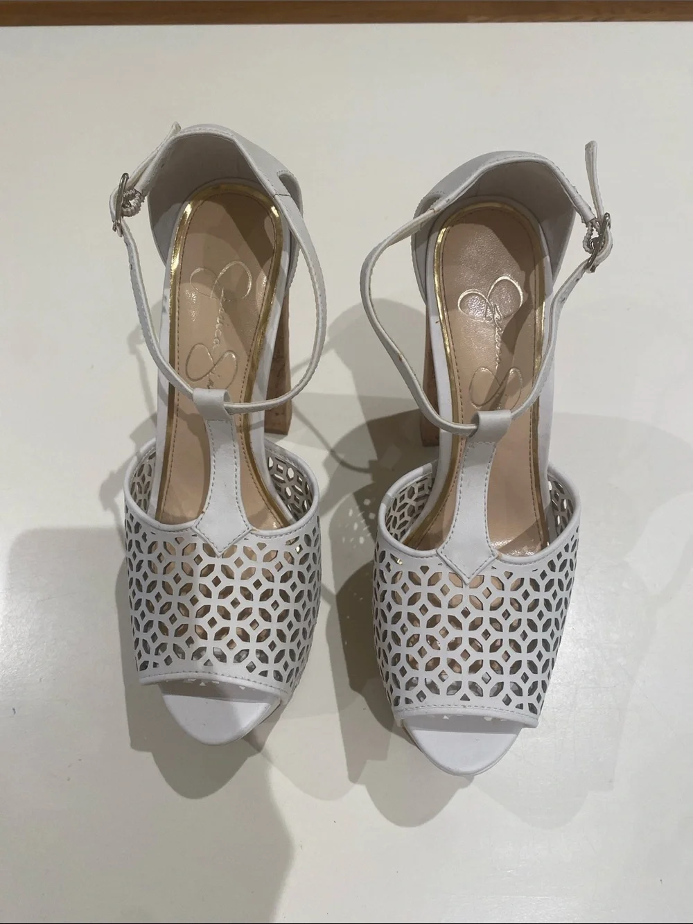 Jessica Simpson White Laser-Cut Peep-Toe Ankle Strap Platforms